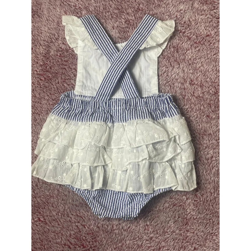 Baby Nursery Rhymes ruffle butt romper 3 Months Whale seersucker